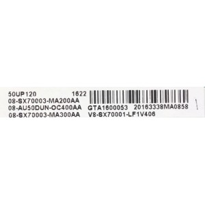 KIT DE TARJETAS PARA TV TCL / NUMERO DE PARTE MAIN 08-AU50DUN-OC400AA / 40-SX7KNA-MAG4HG / V8-SX70001-LF1V406 / T-CON 55.50T28.C03 / 5550T28C03 / 43T03-C00 / FUENTE 08-LE921A6-PW200AX / 40-LE9226-PWE1CG / PANEL LVU500ND1L / MODELO 50UP120 / 50UP120TBAA